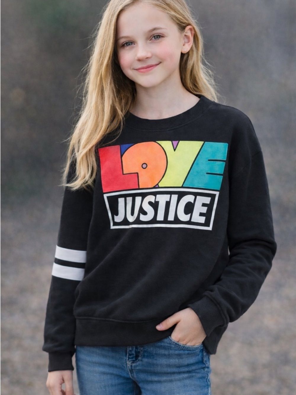 Justice Girls Sweater Black Rainbow LOVE Graphic Cozy Pullover
